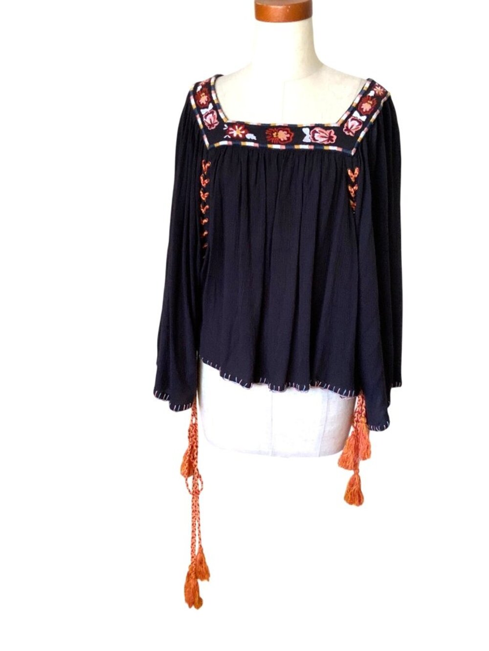 Ban Jara Boho dark gray oversized Embroidered Peasant Top With Tassel Details &